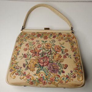 Vintage Ladies 1960's embroidered and leather purse cream, brass clasp, coin pur